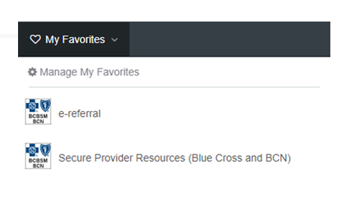 Screenshot of Availity interface, black bar reads My favorites, Manage my Favorites and underneath there is an icon that reads e-referral.